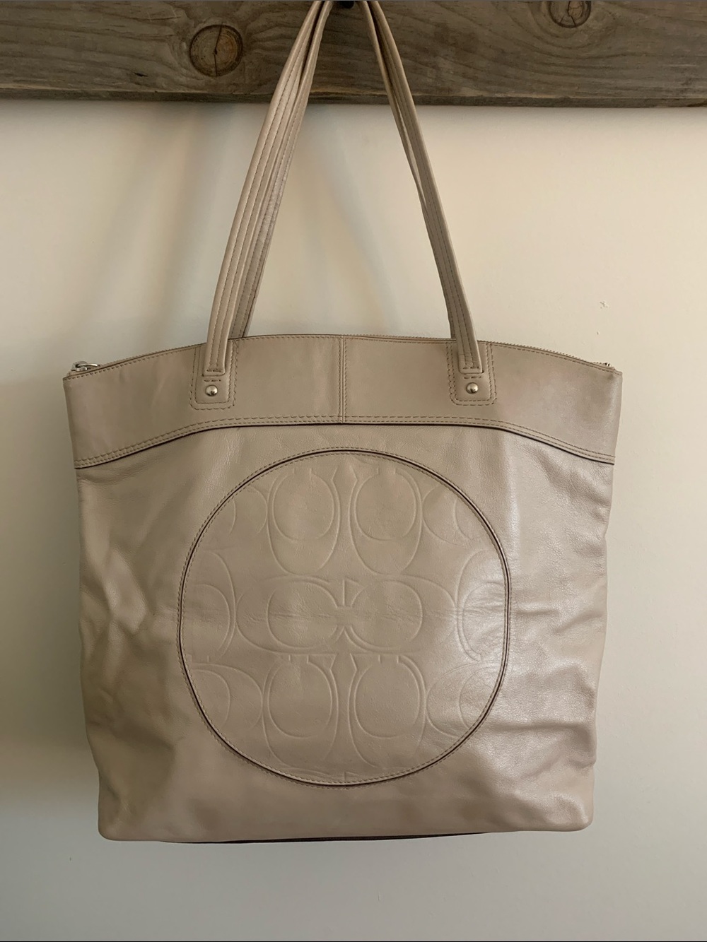 Coach Light Beige Leather Tote with Embossed Logo Circle